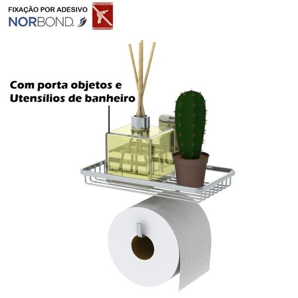 Imagem de Suporte Porta Papel Higiênico Adesivo Com Porta Objetos Utensílios Banheiro Cromado - 188 Future