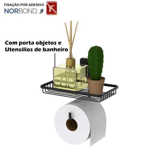 Imagem de Suporte Porta Papel Higiênico Adesivo Com Porta Objetos Utensílios Banheiro Preto Fosco - 188PT Future