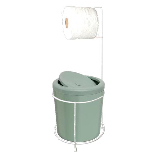 Imagem de Suporte Porta Papel Higiênico Branco Com Lixeira 5L Cesto Lixo Verde Tampa Basculante Redondo Banheiro - 494 AMZ