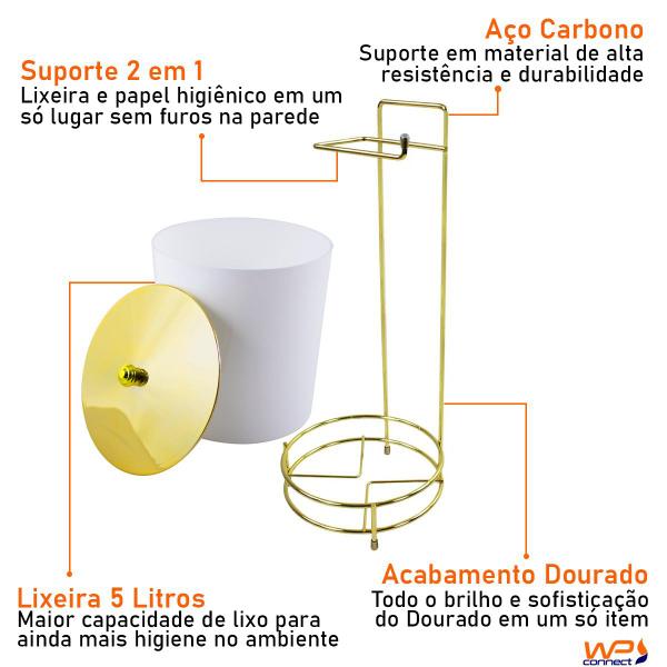 Imagem de Suporte Porta Papel Higiênico com Lixeira 5 L Tampa Pegar Dourada