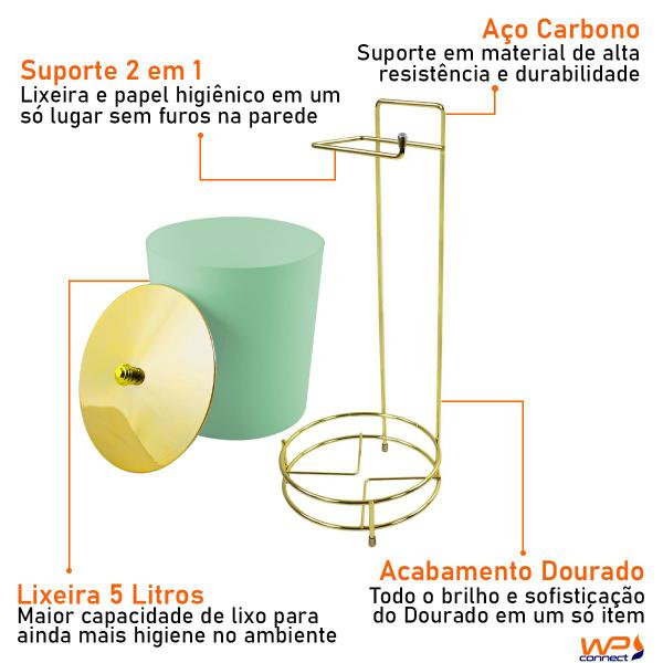 Imagem de Suporte Porta Papel Higiênico com Lixeira 5 L Tampa Pegar Dourada