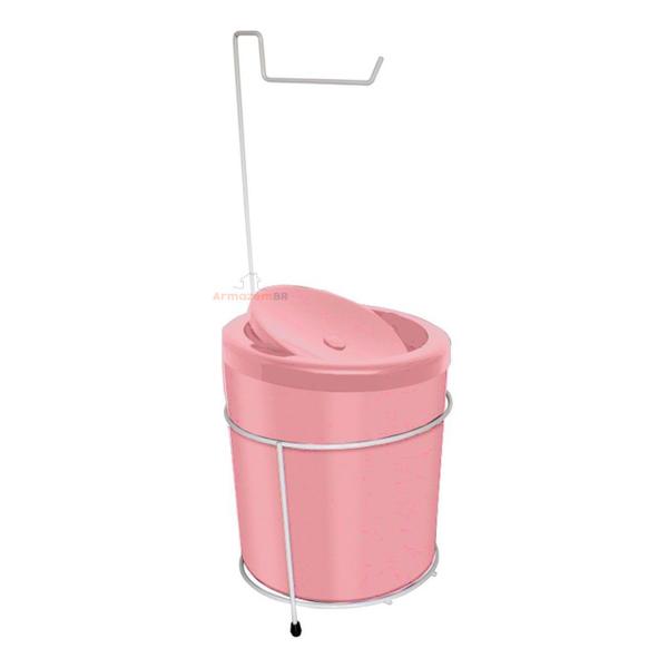 Imagem de Suporte Porta Papel Higiênico Com Lixeira 5 Litros Basculante Redonda Cesto Lixo Chão Banheiro Rosa Branco - 495 AMZ