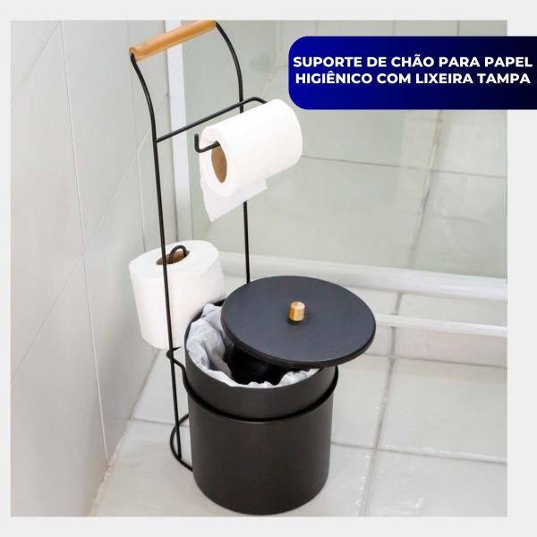 Imagem de Suporte Porta Papel Higiênico Com Lixeira de Chão Banheiro Lavabo Eco Design Preto Arthi