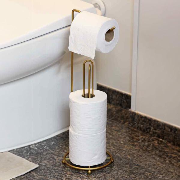 Imagem de Suporte Porta Papel Higiênico De Chão 4 Rolos Dourado Fosco Banheiro Lavabo