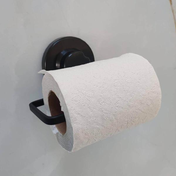 Imagem de Suporte Porta Papel Higiênico Fixação Ventosa Preto Fosco Faciliti Papeleira