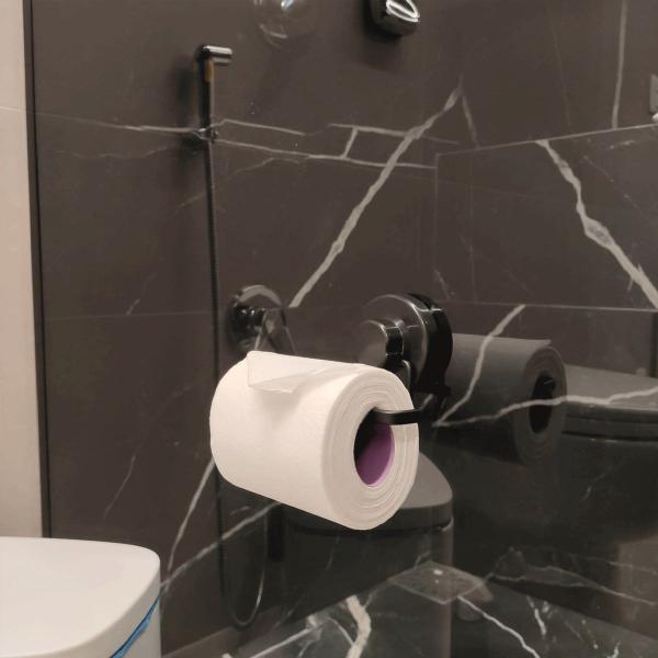 Imagem de Suporte Porta Papel Higiênico Fixação Ventosa Preto Fosco Faciliti Papeleira