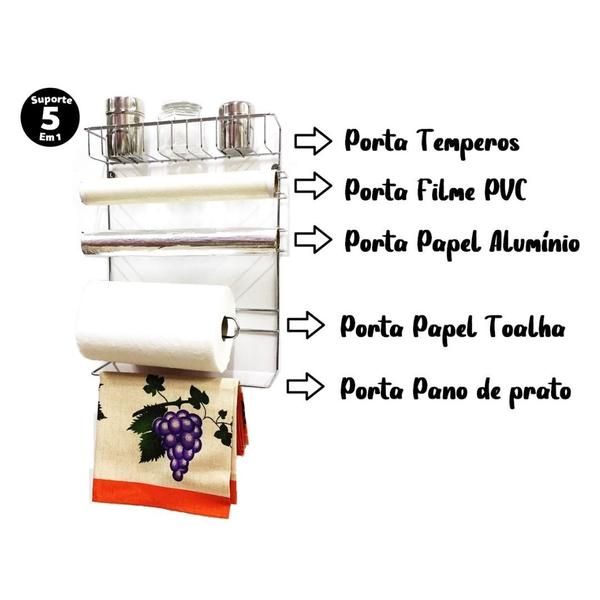 Imagem de Suporte Porta Papel Toalha Para Parede 5 em 1, Porta Alumínio, Pvc e Temperos Aço Cromado Premium