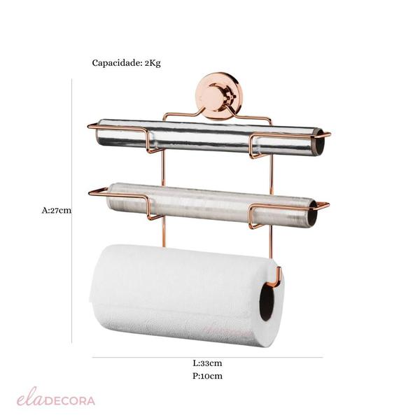 Imagem de Suporte Porta Rolos Triplo Papel Toalha PVC Alumínio Fixação Ventosa Rose Gold