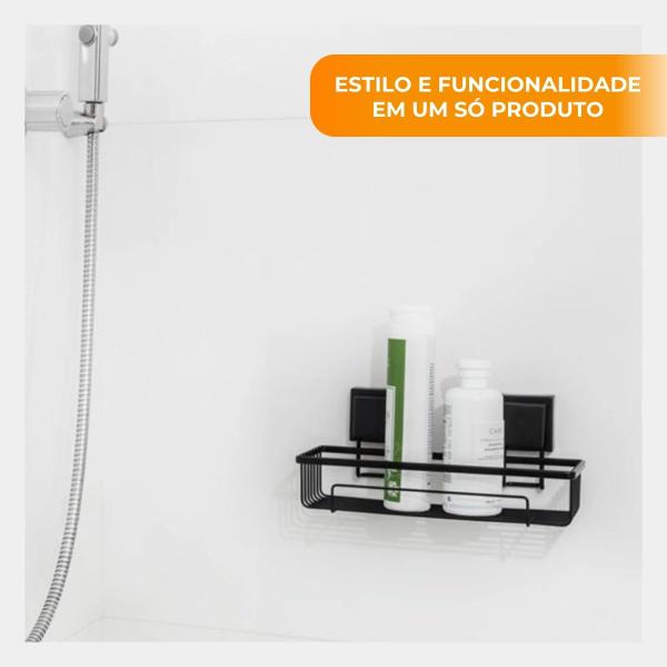 Imagem de Suporte Porta Shampoo Sabonete De Parede Box Banheiro Ventosa Sem Furo Preto Fosco Future