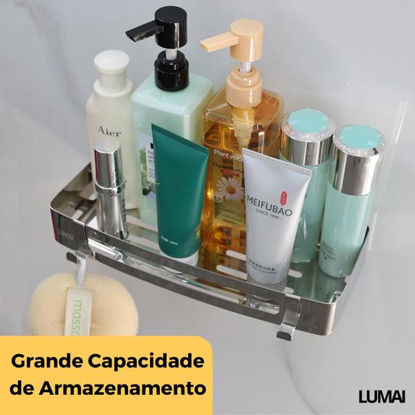 Imagem de Suporte Porta Shampoo Sabonete Retangular em Inox Cozinha e Banheiro Dupla Instalação