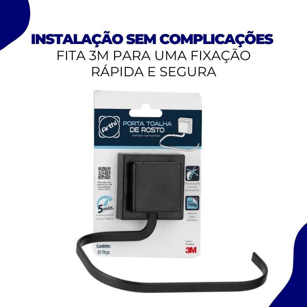 Imagem de Suporte Porta Toalha de Rosto Banheiro Sem Furo 3M Preto