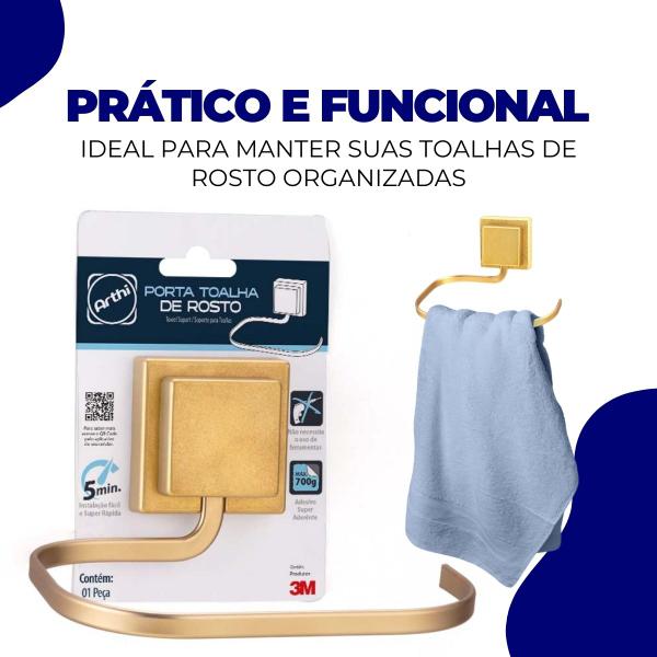 Imagem de Suporte Porta Toalha de Rosto Toalheiro Banheiro Sem Furo Fixação Dupla Face 3M Dourado Fosco Arthi