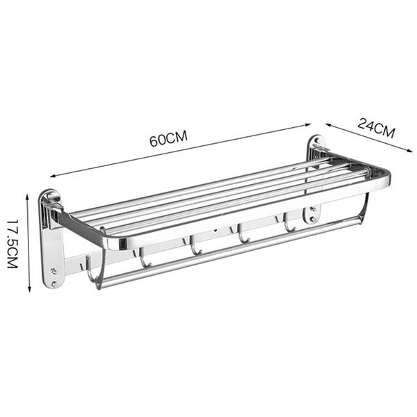 Imagem de Suporte Porta Toalha Dobrável Duplo 60cm Toalheiro Metal Aço Inox Parede Cromado 7773