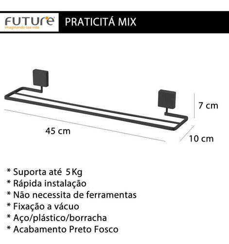 Imagem de Suporte Porta Toalha Duplo Ventosa Preto Fosco 45cm Future