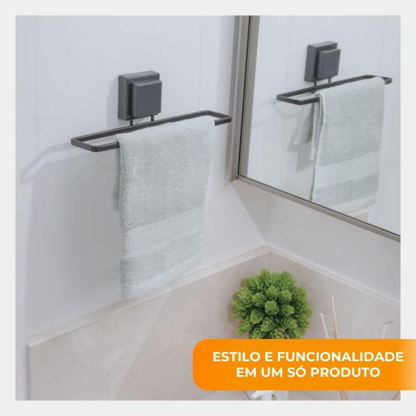 Imagem de Suporte Porta Toalha Rosto Banheiro Lavabo Com Ventosa Sem Furo Preto Fosco Future