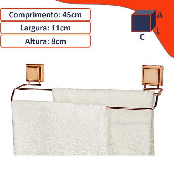 Imagem de Suporte Porta Toalha Toalheiro Duplo 45cm Ventosa Parede Banheiro Rose Gold - 3193RG Future