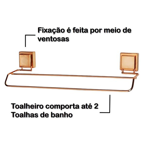 Imagem de Suporte Porta Toalha Toalheiro Duplo 45cm Ventosa Parede Banheiro Rose Gold - 3193RG Future