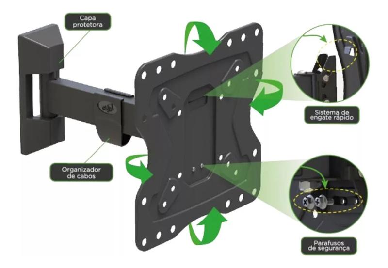 Imagem de Suporte PRETO Articulado Parede Tvs 15" a 58" Até 30kg Full20 - ELG