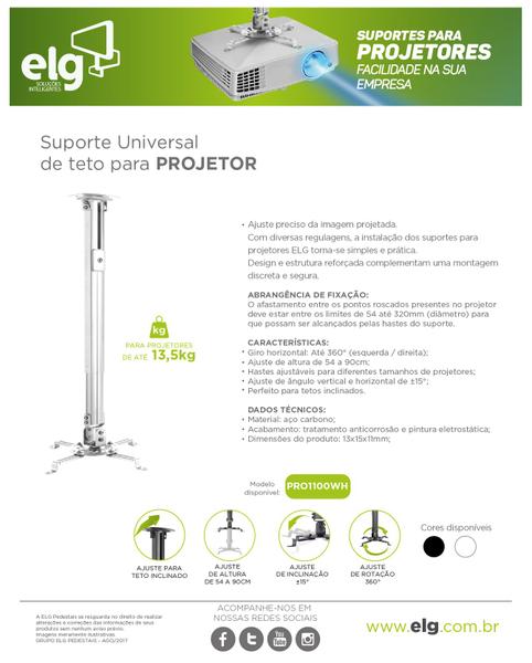 Imagem de Suporte Projetor Teto Ajuste De Altura Pro1100 Branco - ELG