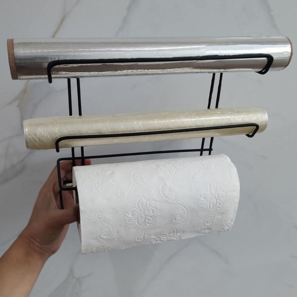 Imagem de Suporte Rolos Porta Papel Toalha Alumínio PVC Plástico Filme de Parede Preto Stolf