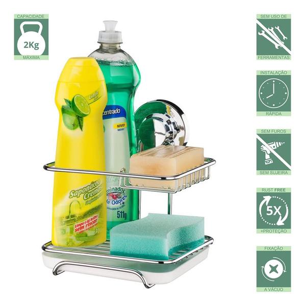 Imagem de Suporte Sabão Detergente Esponja Ventosa Cozinha Lavanderia