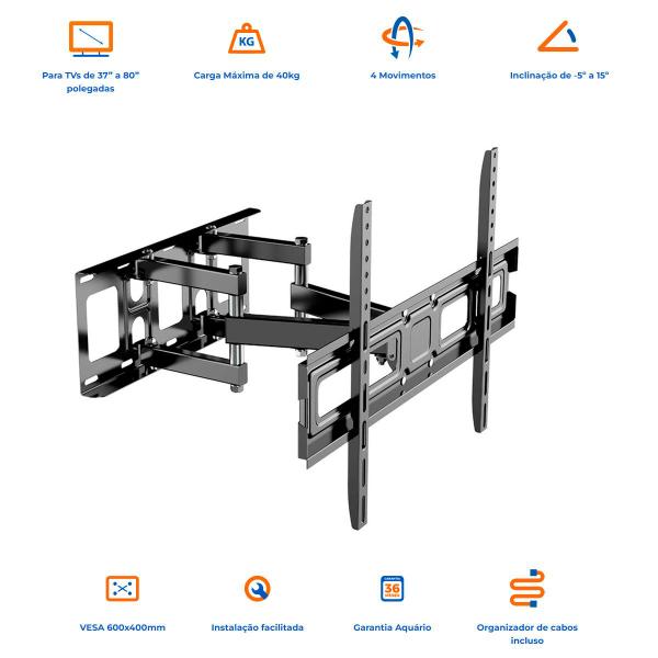 Imagem de Suporte Tv Articulado Lcd Led Oled Plasma 37" a 80" Aquário 4 Movimentos Parede Painel MDF Dry Wall