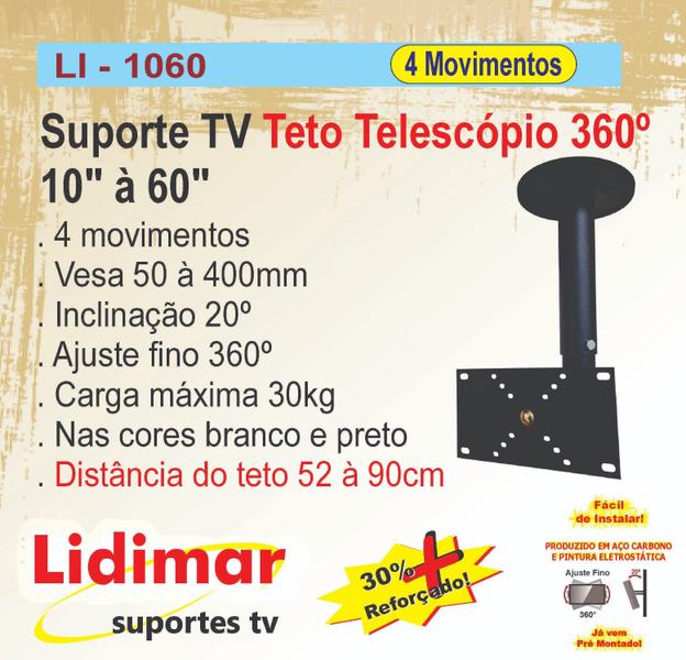 Imagem de Suporte TV Teto, Balcão ou Rack Telescópio 360 REFORÇADO 10 à 60 Polegadas - Lidimar 1060C Prata