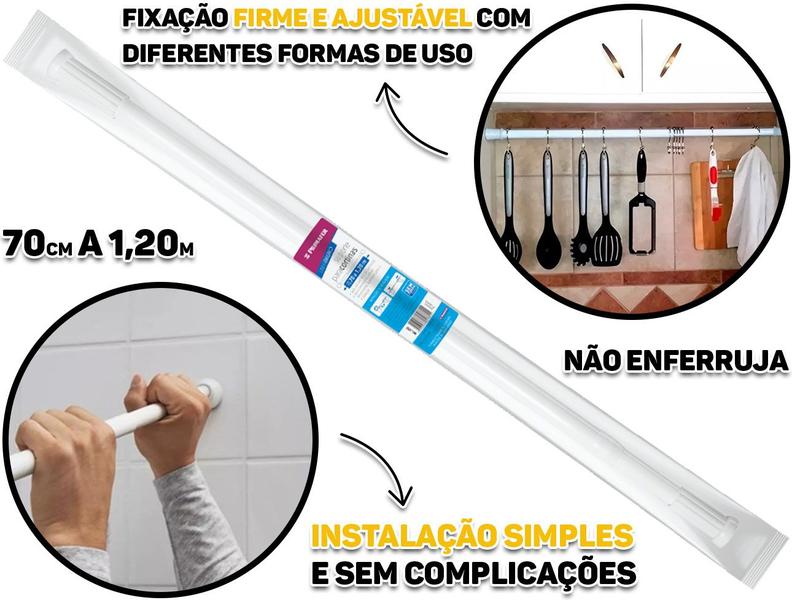 Imagem de Suporte Varão Extensível Em Alumínio Cor Branco Para Cortinas De Banheiro Cozinha 70 x 120cm Atlas