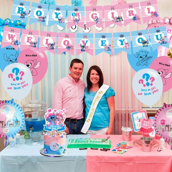 Imagem de Suprimentos de festa SAIAODI Stitch and Angel Gender Reveal 35 unidades