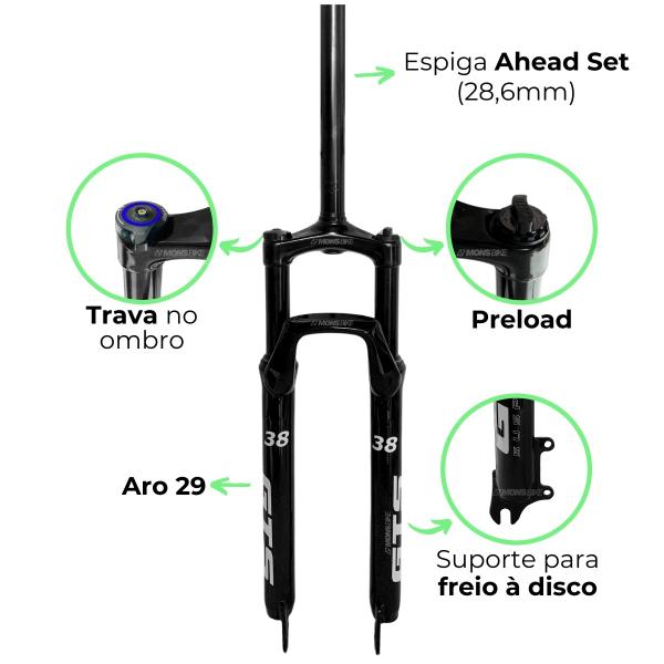 Imagem de Suspensão Bike Mtb Ahead Set Aro 29 Trava e Preload + Caixa de Direção Over + Freio À Disco