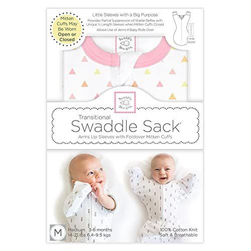 Imagem de SwaddleDesigns Transitional Swaddle Sack com braços para cima mangas de meio comprimento e punhos de luva, triângulos minúsculos, rosa, médio, 3-6mo, 14-21 lbs (Melhor sono para meninas, transição fácil Swaddle)