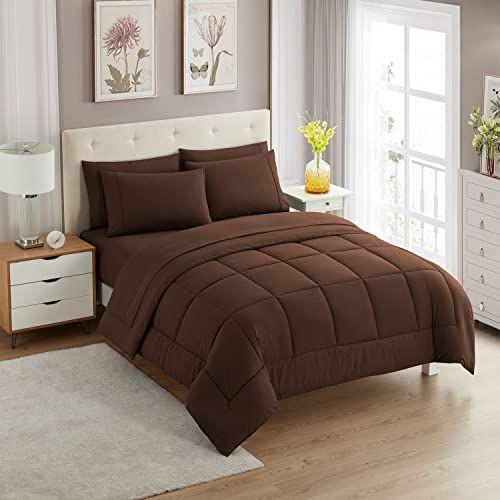 Imagem de Sweet Home Collection 7 Peças Edredom Set Bag Solid Color All Season Soft Down Alternative Blanket & Luxurious Microfiber Bed Sheets, Castanho, King