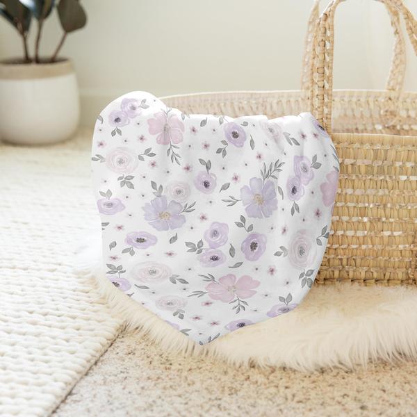 Imagem de Sweet Jojo Designs Aquarela Floral Baby Girl Swaddle Cobertor Jersey Stretch Knit para recém-nascido ou bebê recebendo segurança - Lavanda roxa, rosa e cinza Boho Shabby Chic Rose Flower