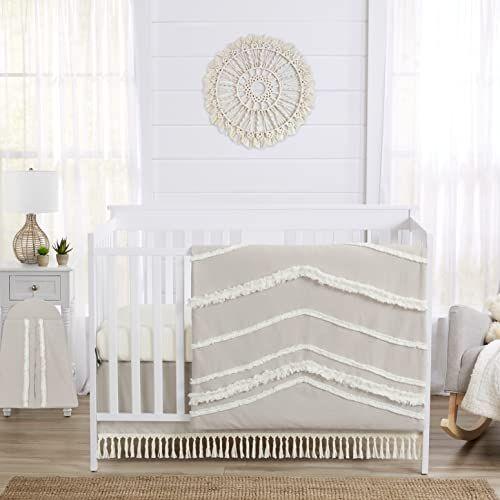 Imagem de Sweet Jojo Designs Boho Bohemian Boy Girl Baby Crib Bed Saia Berçário Poeira Ruffle - Solid Taupe Bege Creme de Marfim Off White Linen Farmhouse Shabby Chic Designer Modern Minimalist Tassel Macrame Cotton