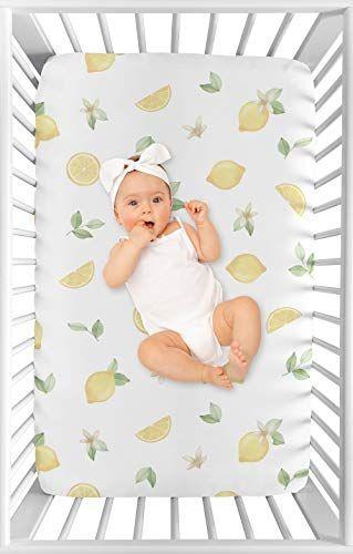 Imagem de Sweet Jojo Designs Lemon Floral Girl Fitted Mini Crib Sheet Baby Nursery For Portable Crib Pack and Play Yellow Green Beige White Watercolor Boho Bohemian Farmhouse Fruit Flower Blossom Botanical Leaf