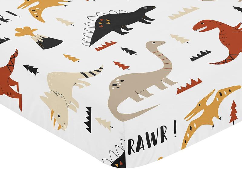 Imagem de Sweet Jojo Designs Mod Dino Menino ou Menina Fitted Folha de Presépio Bebê ou Criança Cama Berçário - Laranja, Tan, Ferrugem, Taupe, Mostarda Amarelo, Bege, Brown e Preto Dinossauro Moderno Boho Dinossauros Gênero Neutro