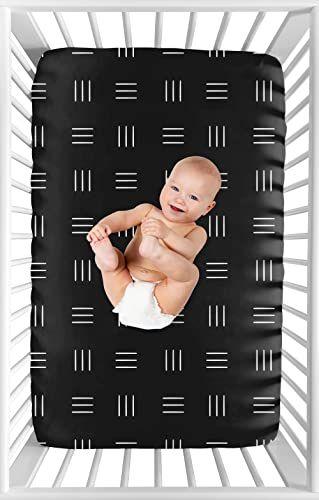 Imagem de Sweet Jojo Designs Preto e Branco Boho Mudcloth Boy Girl Fitted Mini Crib Sheet Baby Nursery Portable Crib Pack e Play Bohemian Woodland Tribal Southwest Geometric Mud Cloth Hatch Triple Line