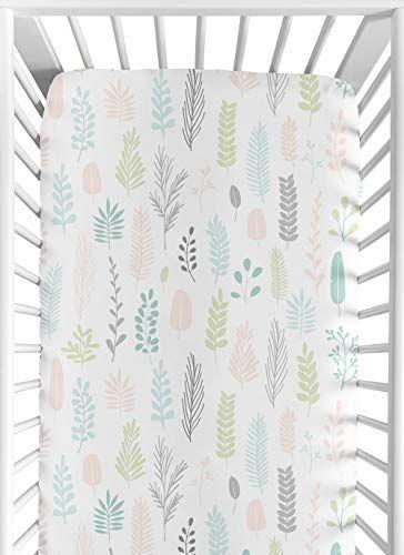 Imagem de Sweet Jojo Designs Rosa e Cinzento Tropical Leaf Girl Baby or Toddler Nursery Fitted Crib Sheet - Blush, Turquesa, Cinza e Verde Botanical Rainforest Jungle Sloth Collection