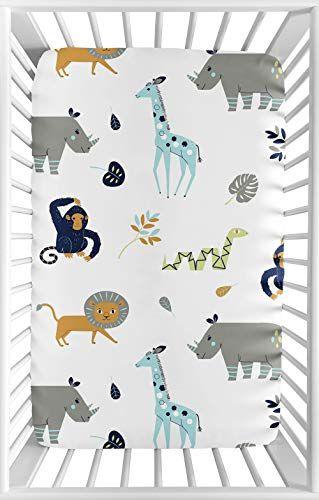 Imagem de Sweet Jojo Designs Turquiose e Navy Blue Safari Animal Baby Boy ou Girl Unisex Fitted Mini Portable Crib Sheet for Mod Jungle Collection - para Mini Berço ou Pack and Play ONLY