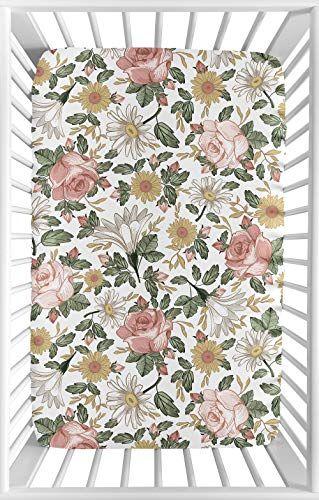 Imagem de Sweet Jojo Designs Vintage Floral Boho Girl Fitted Mini Berço Folha Berçário de Bebê para Berço Portátil ou Pack and Play - Blush Rosa, Amarelo, Verde e Branco Shabby Chic Rose Flower Farmhouse