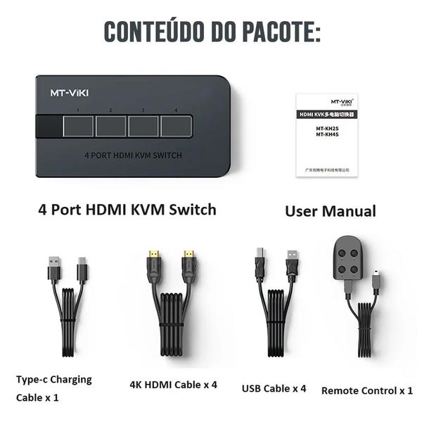 Imagem de Switch  4 portas KVM 4K Hdmi/Usb 3840X2160 C/ Cabo Mesa MT-KH4 MT-VIKI