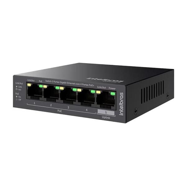 Imagem de Switch 5 Portas Gigabit Ethernet 4 portas PoE+ Intelbras S1005G-P