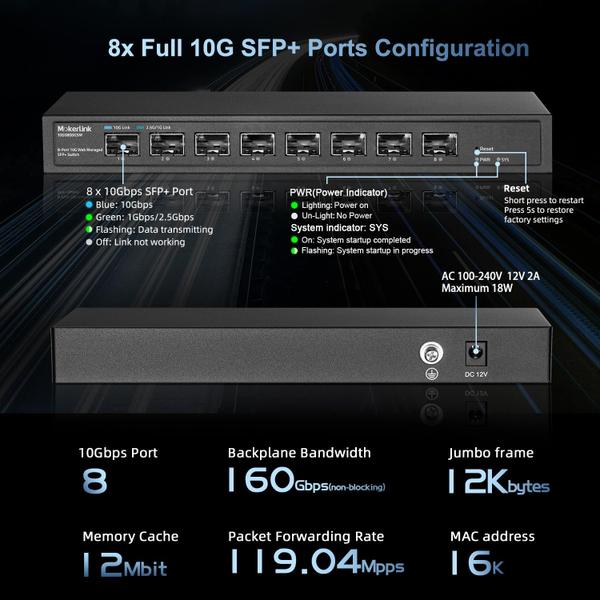 Imagem de Switch gerenciado MokerLink 8 portas 10 Gbps SFP+ 160 Gbps