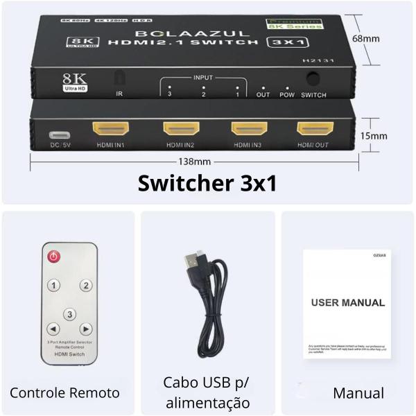 Imagem de Switch  HDMI 2.1 Switch 3x1 4K@120Hz 8K@60Hz 2K@144Hz HDR10