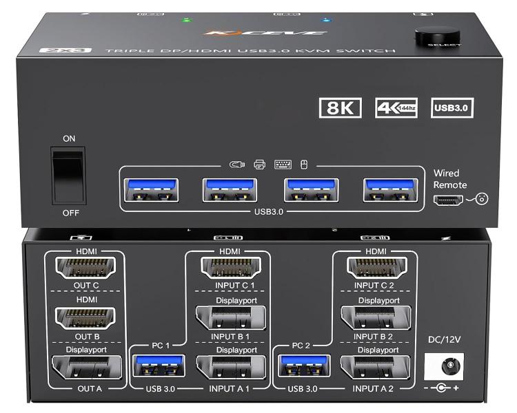 Imagem de Switch KVM HDMI 3 monitores 2 computadores 8K @60Hz USB3.0 4 portas