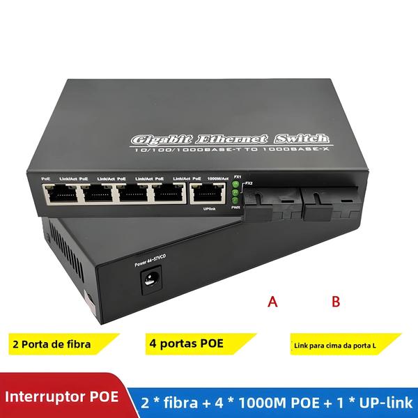 Imagem de Switch PoE de 4 Portas com 2 Fibras, 2 Gigabit Ethernet e Conversor de Mídia de 65W