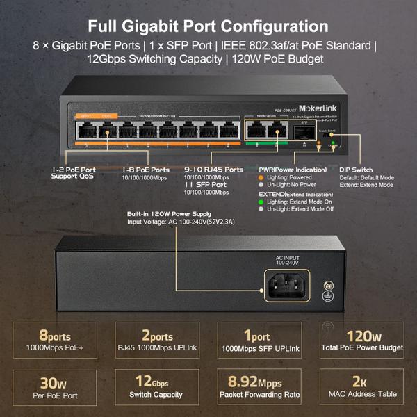 Imagem de Switch PoE MokerLink de 11 portas Gigabit com 8 PoE+ 2 Uplink