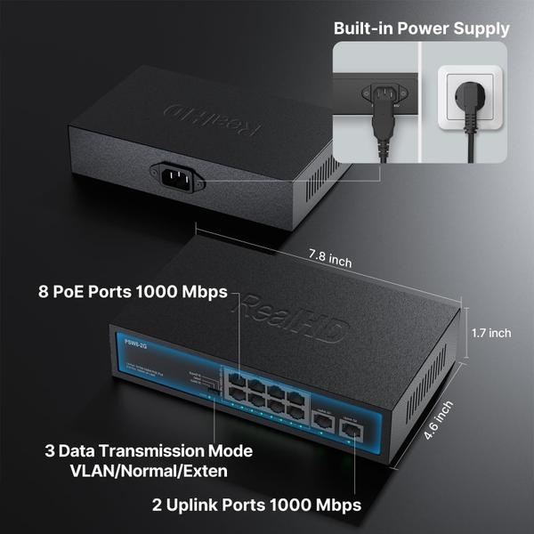 Imagem de Switch PoE+ Real HD de 8 portas Gigabit completo com 2 uplink de 120 W