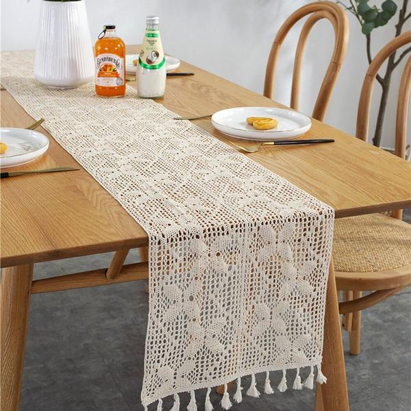 Imagem de Table Runner, crochê, renda, macramê, algodão boho com borlas