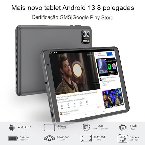Imagem de Tablet 8" Polegadas 4Gb 64Gb Android 13 Quad Core Tela IPS 1280x800 5000mAh Bateria Wi-Fi Preto